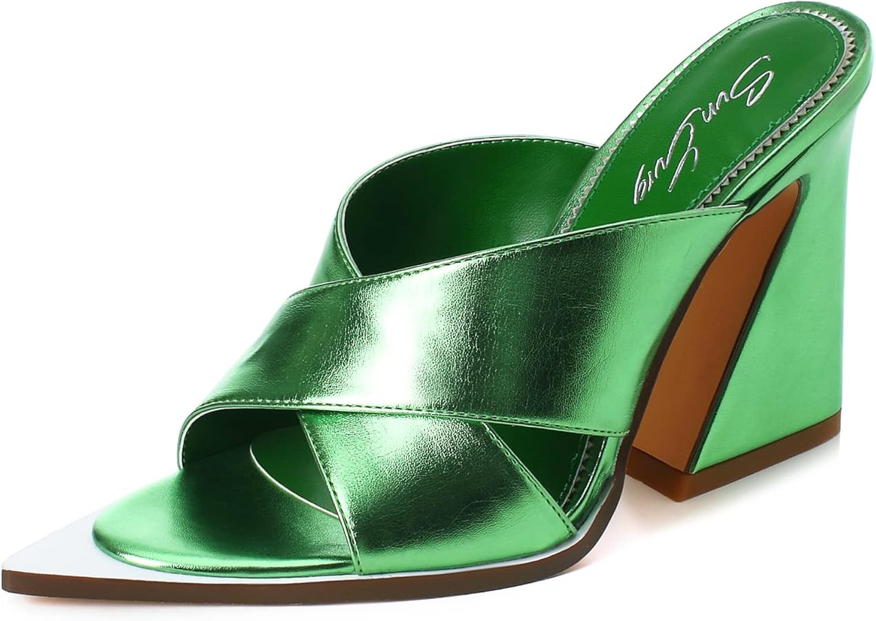 sun gurg Women's High Chunky Heel Sandals Open Pointed Toe Heeled Sandals Slip On Heels | Amazon (US)