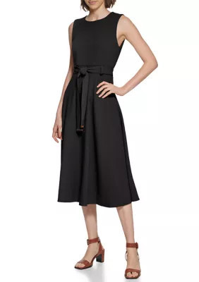 Calvin Klein Women's Sleeveless Round Neck Tie Waist Midi Fit And Flare Dress, Black, 2 | Belk