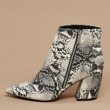 Snakeskin Pointed Toe Block Heel Ankle Boots | SHEIN