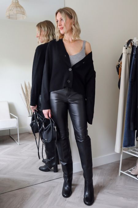 Leather trousers - leather knee boots - black cardigan outfit idea #leather #blackoutfit

#LTKshoecrush #LTKSeasonal #LTKeurope