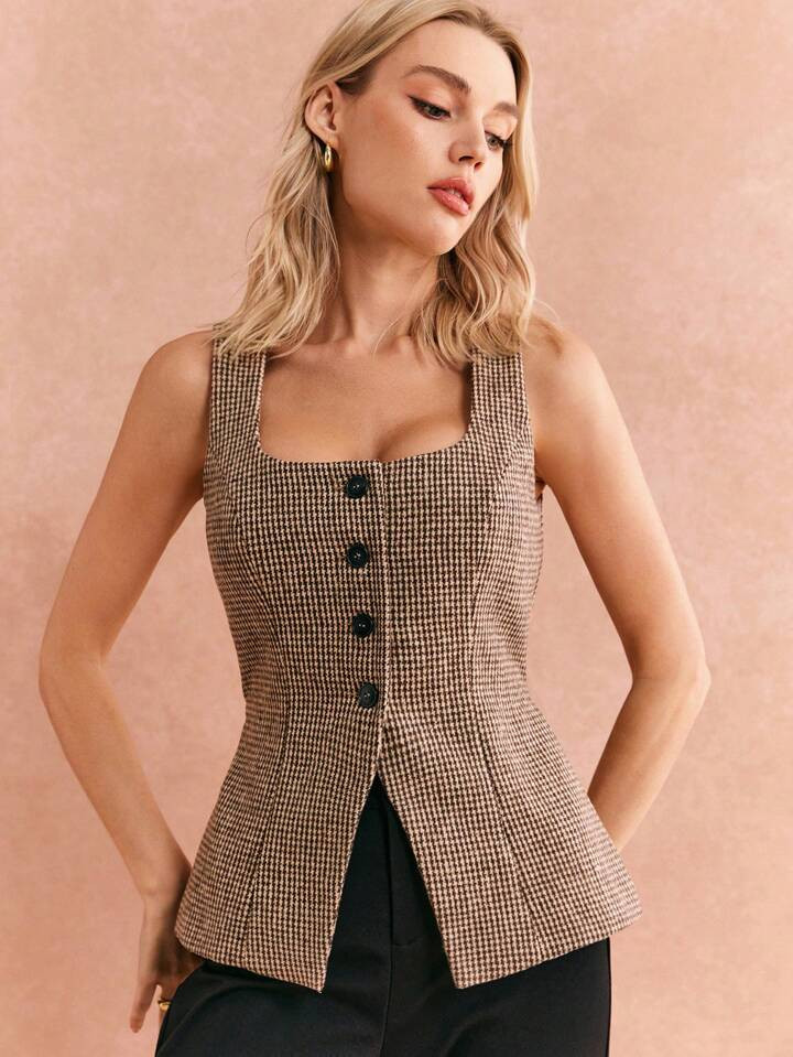 Poéselle Khaki Jacquard Elegant Skinny Gold Button Embellished Vest Jacket, Square Neckline, Sle... | SHEIN