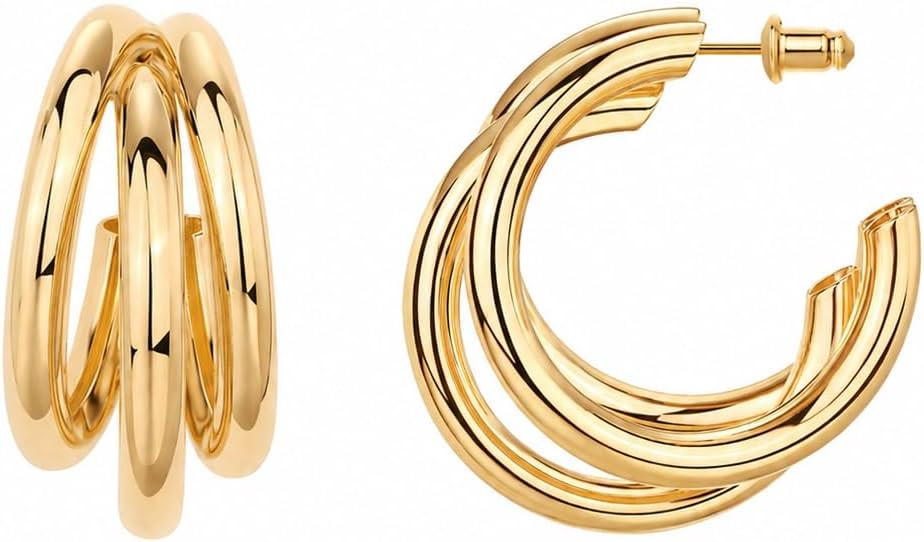 PAVOI 14K Yellow Gold Plated Chunky Multi Hoop Earrings for Women - Hypoallergenic Trendy Triple ... | Amazon (US)