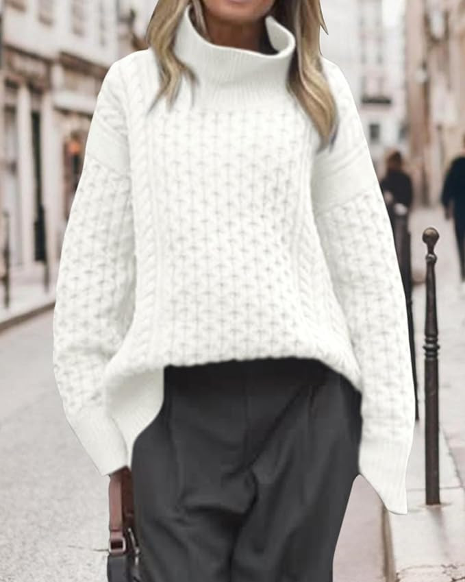 BTFBM Casual Women Fall Sweaters 2025 Long Sleeve Turtleneck Ribbed Knit Pullover Loose Cable Kni... | Amazon (US)