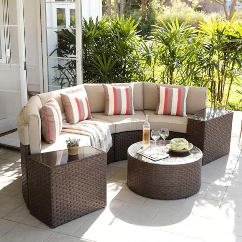 SUNSITT Outdoor 7-Piece Half-Moon Sectional Furniture Set with Round Coffee Table, Patio Curved Sofa Set, Beige Cushion and Brown Wicker, Incl. Waterproof Cover | Amazon (US)