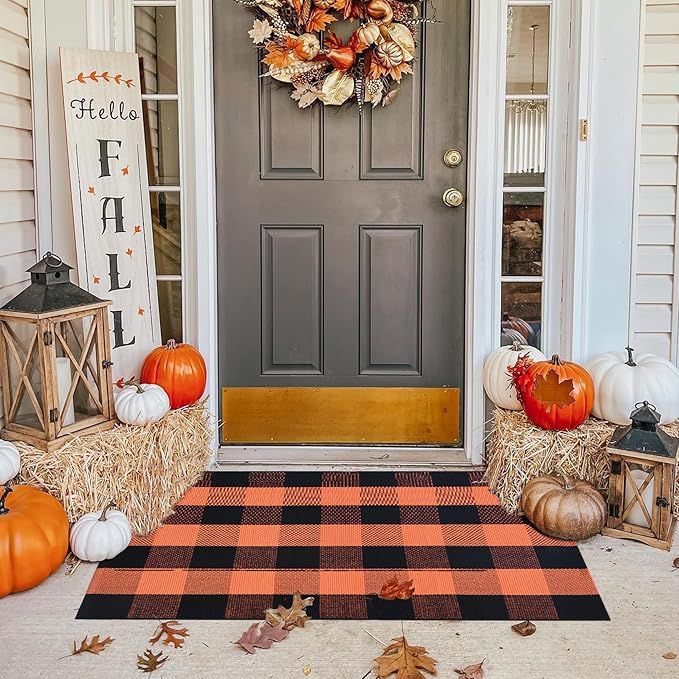 Fall Outdoor Orange and Black Plaid Rug - 28 x 43 Inches Cotton Hand-Woven Checked Rug Layered Do... | Amazon (US)