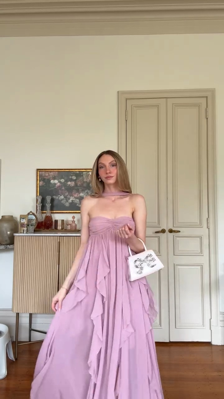 Found my earring!✨ 
Wedding guest ready in @nanajacqueline_ 

#weddingseason #weddingguestdress #softgirlaesthetic #bostoninfluencer #bostoncreator #fairytalewedding #stylemepretty #girlyoutfit #elegantstyle #femininestyle #femininefashion #springwedding scarf dress, formal wedding guest dress code, what to wear to a summer wedding, Nana Jacqueline Mariah dress, pink floor length dress