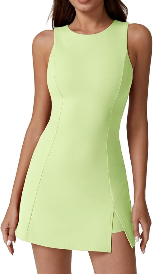 QINSEN Womens Crew Neck Tennis Dress Sleeveless Side Slit Golf Athletic Dress Build in Shorts wit... | Amazon (US)