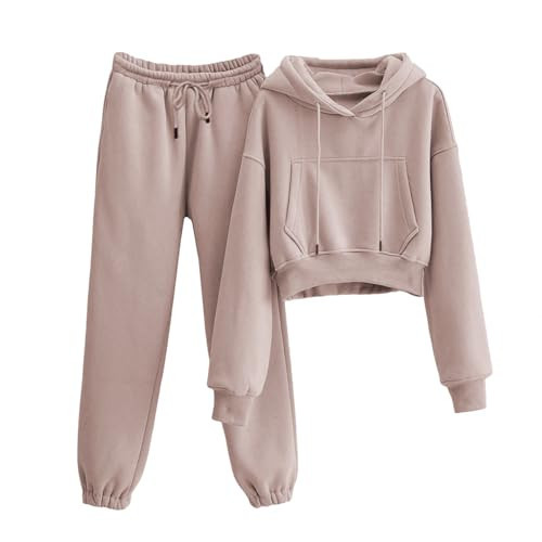 VATEAMI Womens Fleece 2 Piece Outfits Sweatsuit Crop Hooded Pullover Sweatshirt Top Jogger Sweatpants Tracksuits Set (DustyPink-XXL) | Amazon (US)