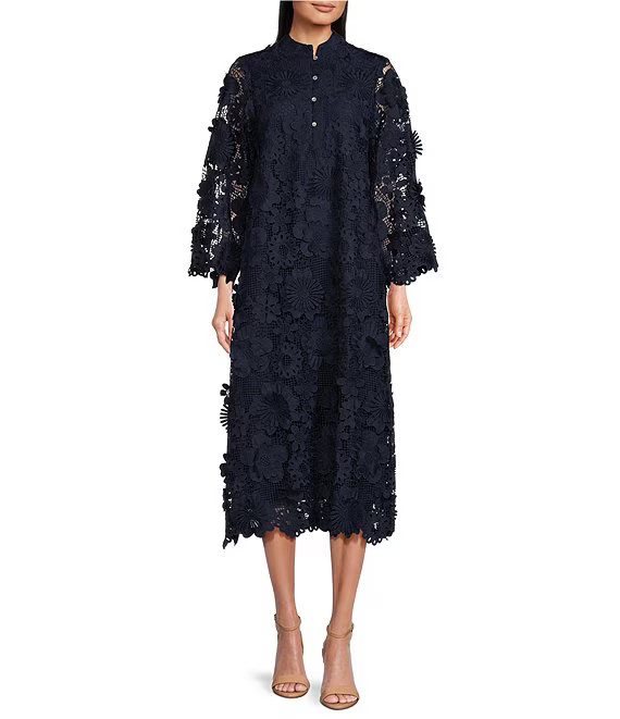 J.Marie Seraphina Floral Long Sleeve 3D Lace Mandarin Collar Midi Dress | Dillard's | Dillard's