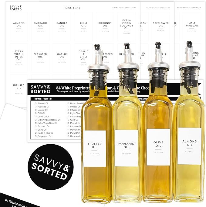 SAVVY & SORTED Oil Bottle Labels - 54 Minimalist Pantry Labels for Oil Dispenser Bottles Condimen... | Amazon (US)