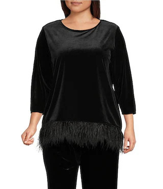 Caroline Rose Plus Size Stretch Velvet Round Neck 3/4 Sleeve Feather Trim Swing Top | Dillard's | Dillard's