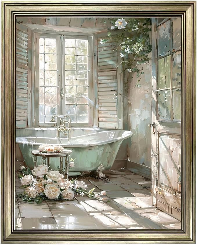 Vintage Bathroom Wall Art Framed Rustic Bathroom Wall Decor Sunlit Floral Print Picture Bathtub C... | Amazon (US)