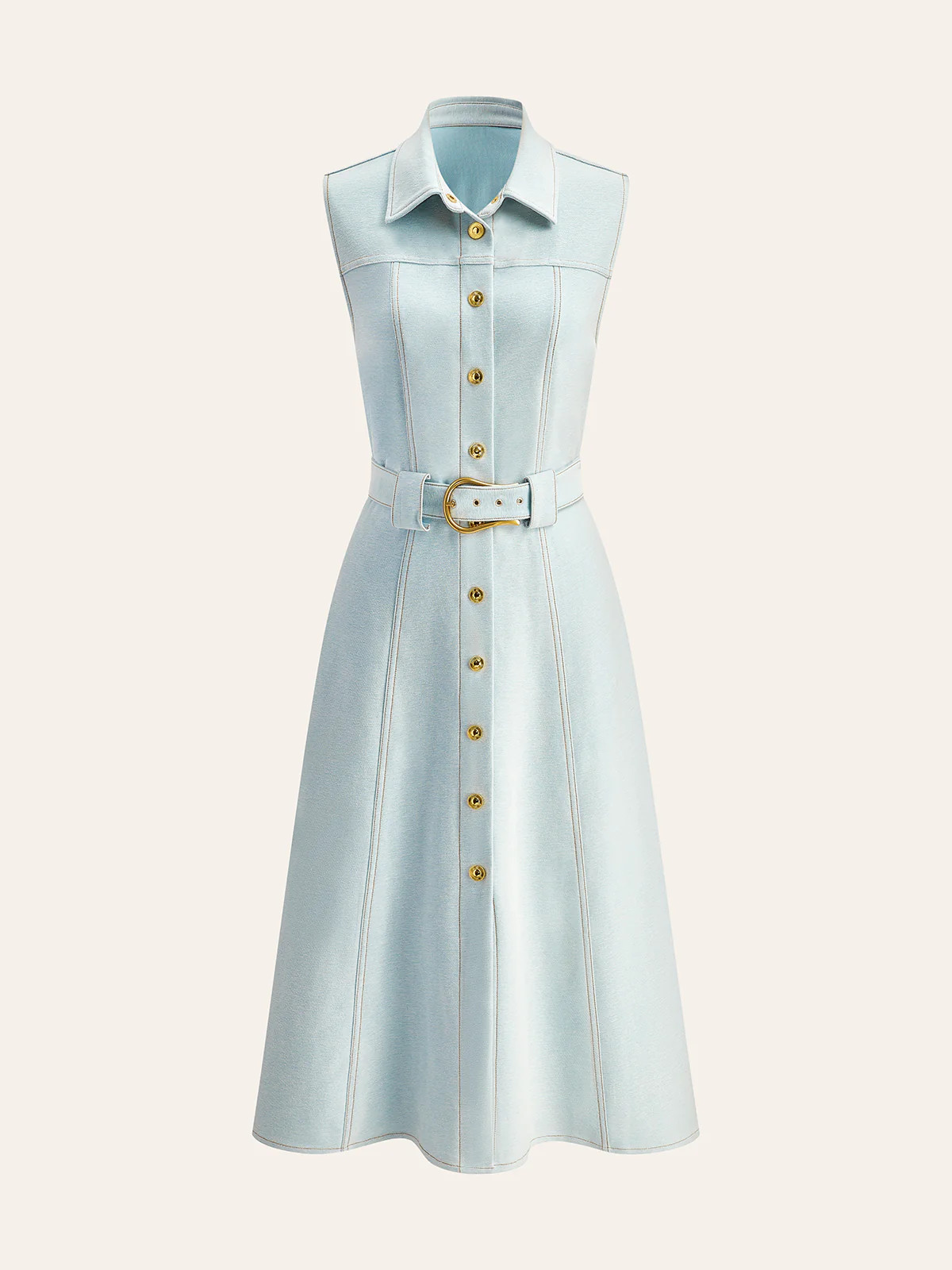 Belted Button-Front Denim Dress | Commense