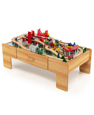 Kids Wooden Train Set Double-Sided Table Playset w/100 Pieces Storage | Macy's