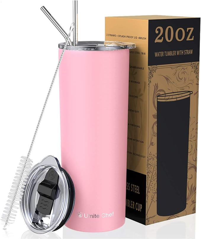 Umite Chef Straw Tumbler Skinny Travel Tumbler with Lid, Vacuum Insulated 20oz Coffee Mug, Double... | Amazon (US)