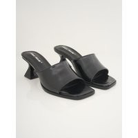 Romi Black Patent Mule Square Toe Flared Block Mid Heels | Public Desire