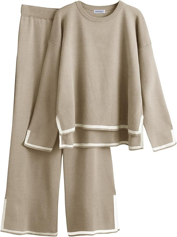 Baonmy Women's 2 Piece Outfits Long Sleeve Sweater Pullover Tops Wide Leg Pants Sweater Sets Loun... | Amazon (US)