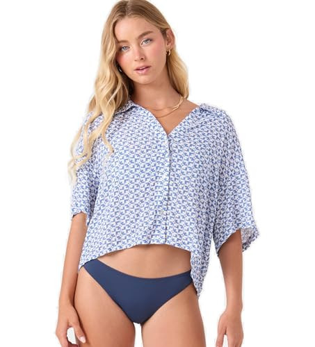 Roxy Women's Cropped Button Down Cover Up Shirt for Beach, Poolside, Resort Wear, Blue, Small | Amazon (US)