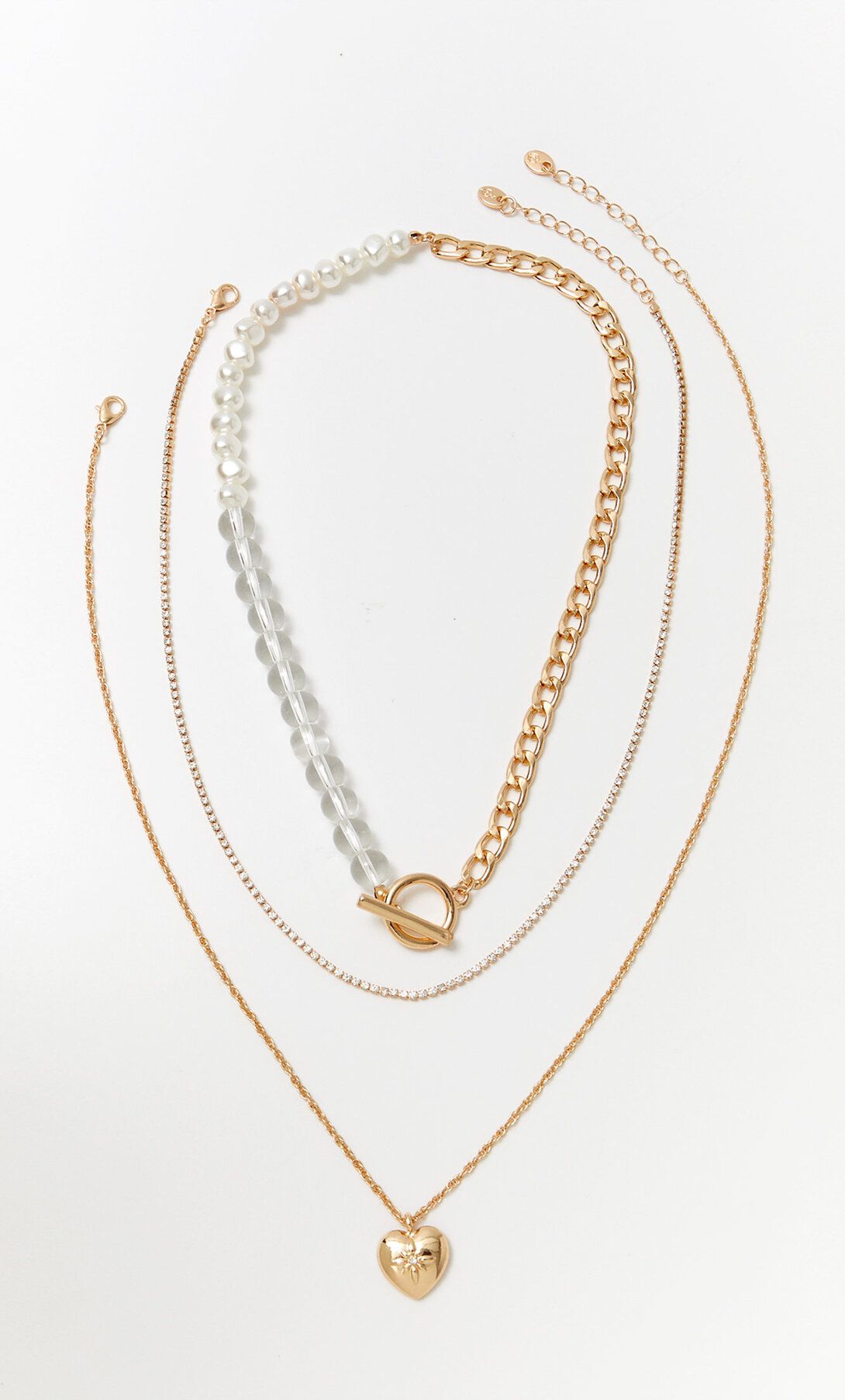 Set of 3 necklaces with beads, rhinestones and heart pendant - Women's fashion | Stradivarius Uni... | Stradivarius (UK)
