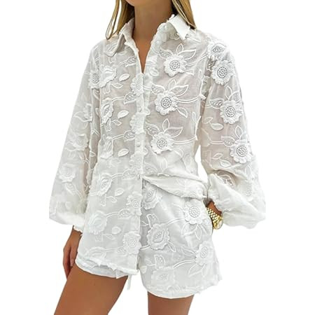 REASERAL Womens Lace 2 Piece Outfits Long Sleeves Lapel Jacket Top Lace Up Mini Shorts Casual Goi... | Amazon (US)