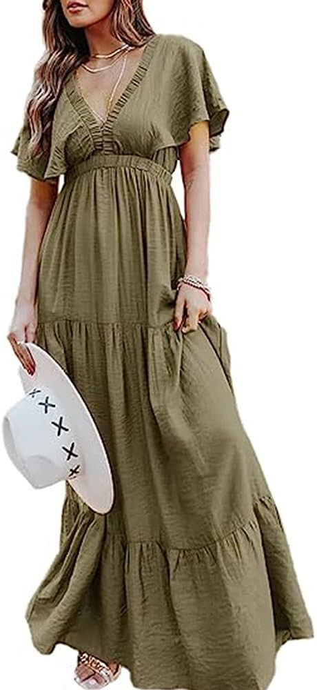 Women's Casual Short Sleeve Maxi Dress Olive Dress Olive Green Dress Hunter Green Dress Green Outfit | Amazon (US)