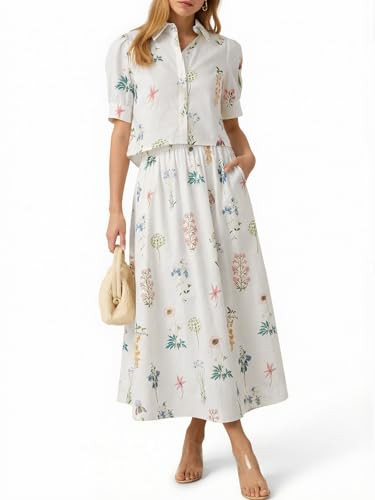 Amazon.com: Tankaneo Womens Floral 2 Piece Skirt Set Summer Puff Sleeve Crop Blouse and Maxi Dres... | Amazon (US)