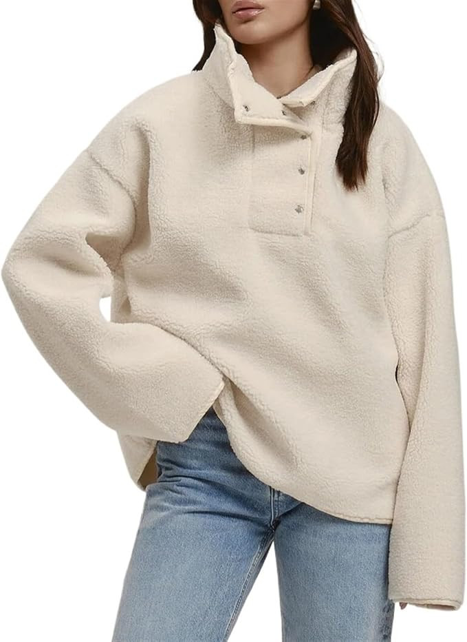 Womens Sweaters Casual Long Sleeve Textured Button Fall Sweater Loose Fit Pullover Jumper Tops(Wh... | Amazon (US)