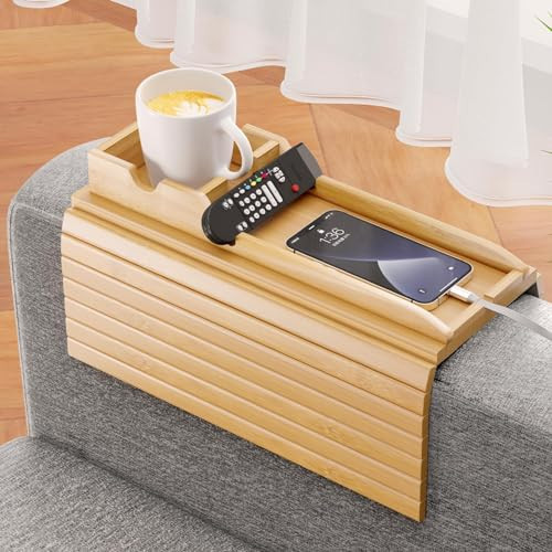 Bestjing Bamboo Sofa Armrest Tray - Couch Arm Tray with Detachable Couch Cup Holder - Anti-Slip Foldable Sofa Caddy Table - Cup Holder for Drinks Cellphone TV Remote Snacks | Amazon (US)