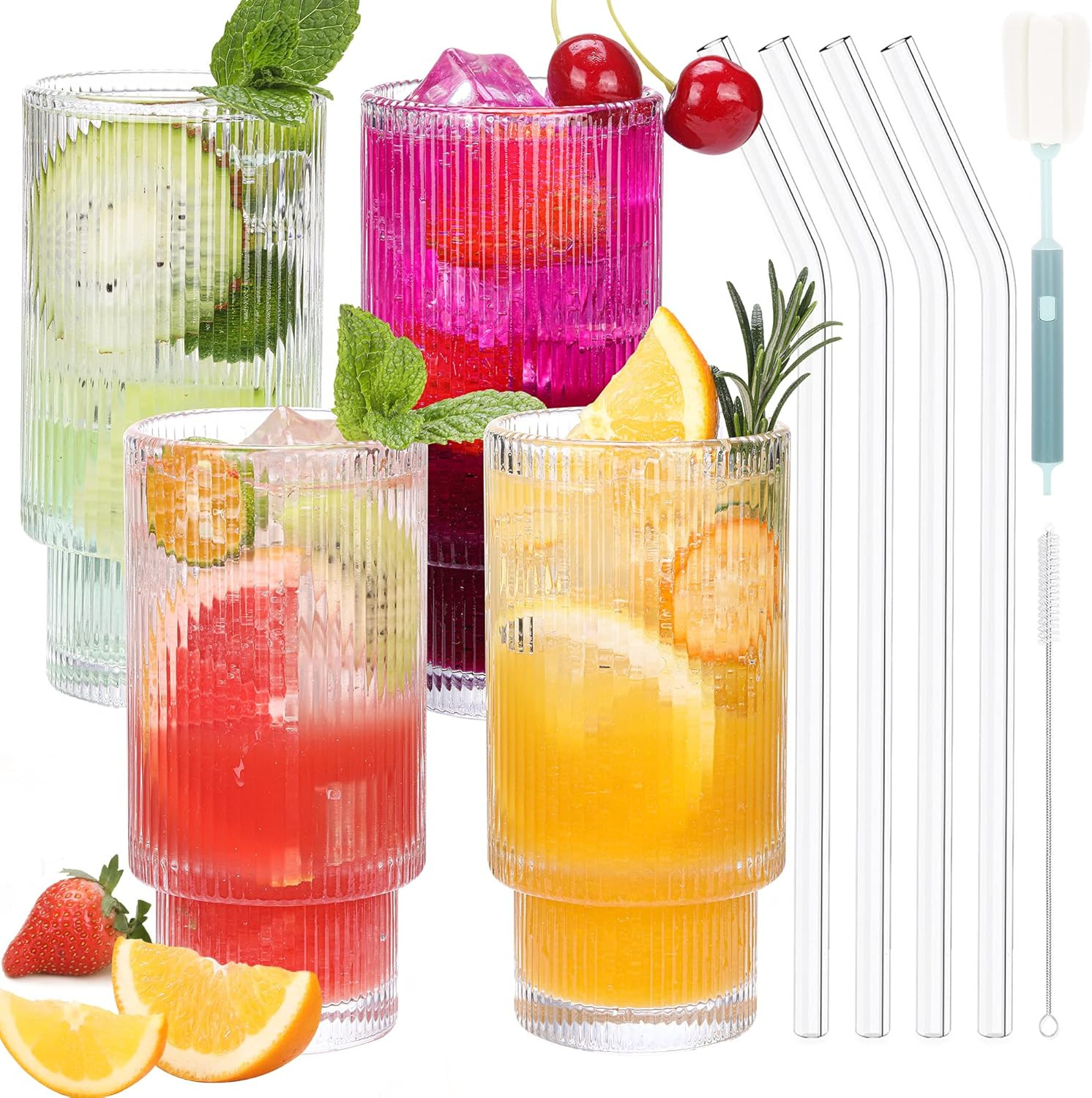 Ribbed Glassware,Ribbed Glass Cups w.Straw,Ribbed Drinking Glasses ,Vintage Glassware,Coffee Bar ... | Amazon (US)