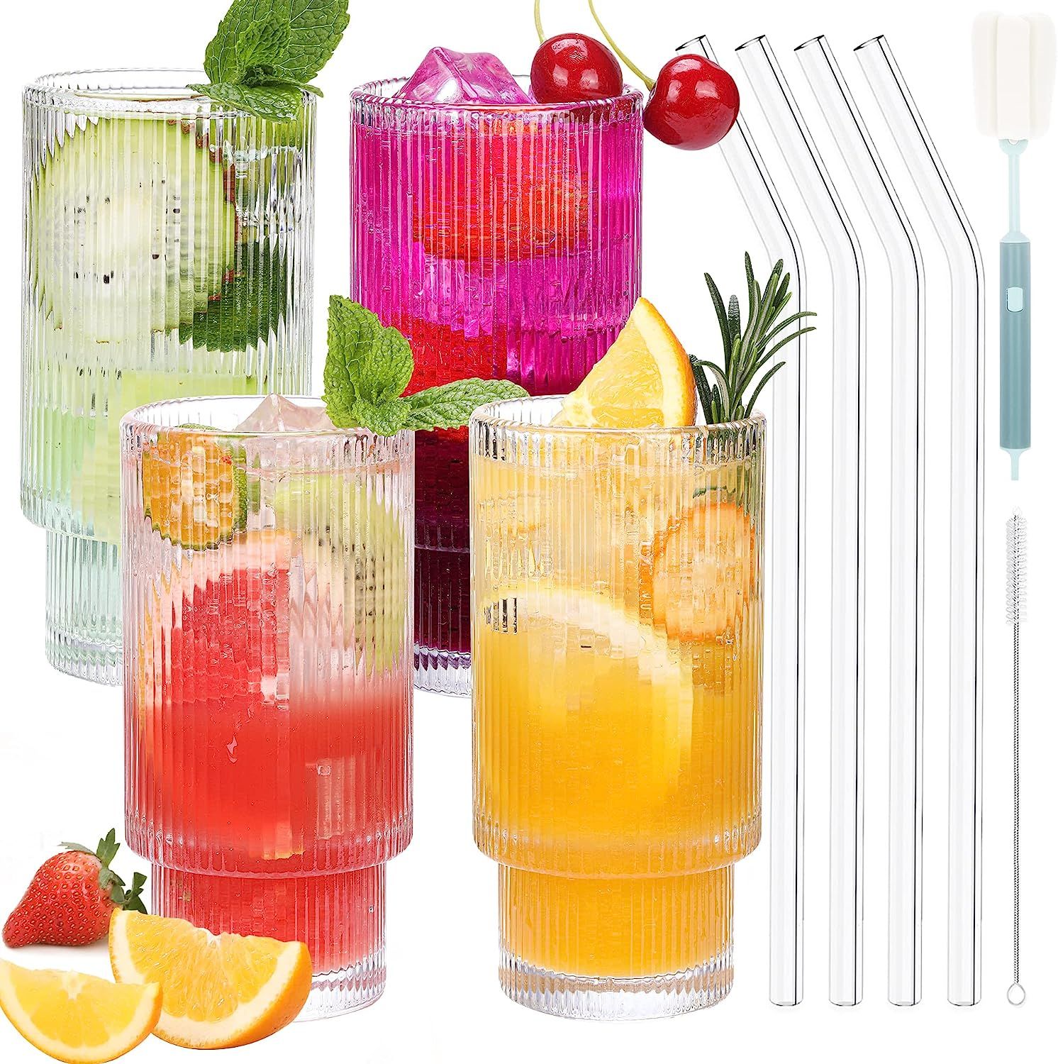 Ribbed Glassware,Ribbed Glass Cups w.Straw,Ribbed Drinking Glasses ,Vintage Glassware,Coffee Bar ... | Amazon (US)