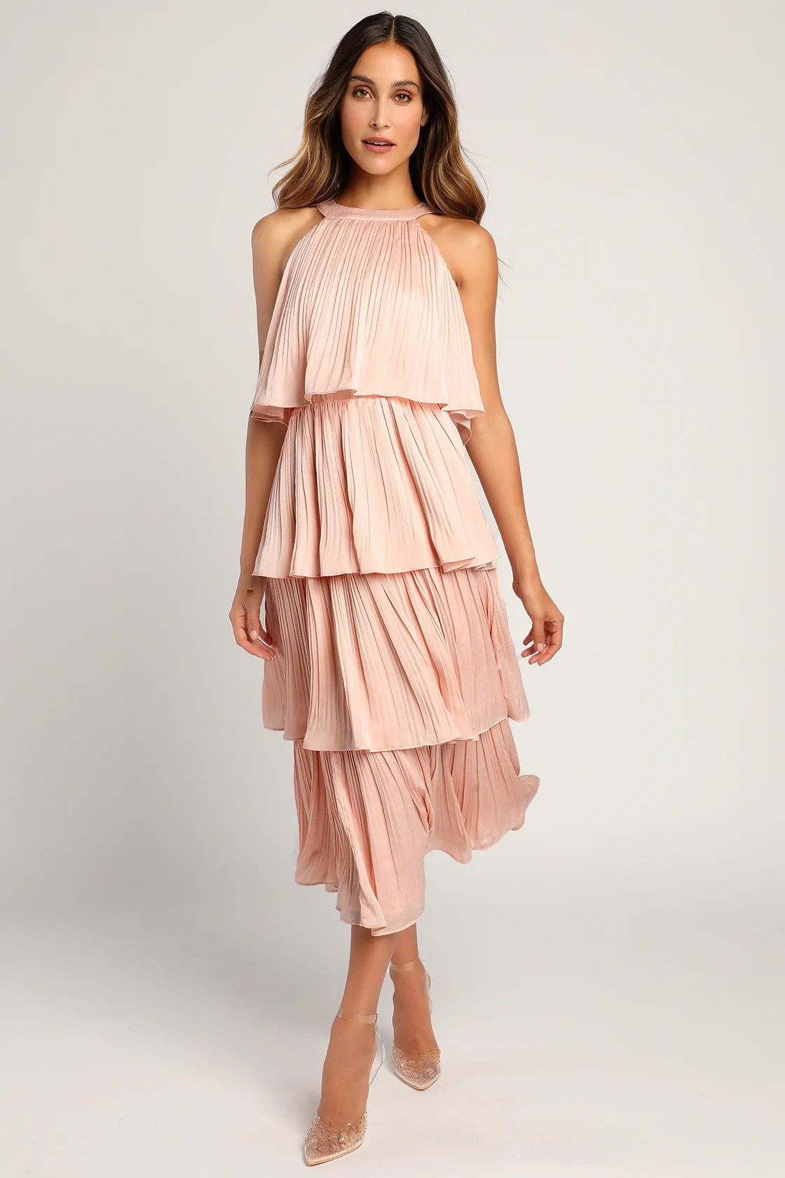 Tier and Far Blush Pink Tiered Pleated Halter Midi Dress | Lulus (US)