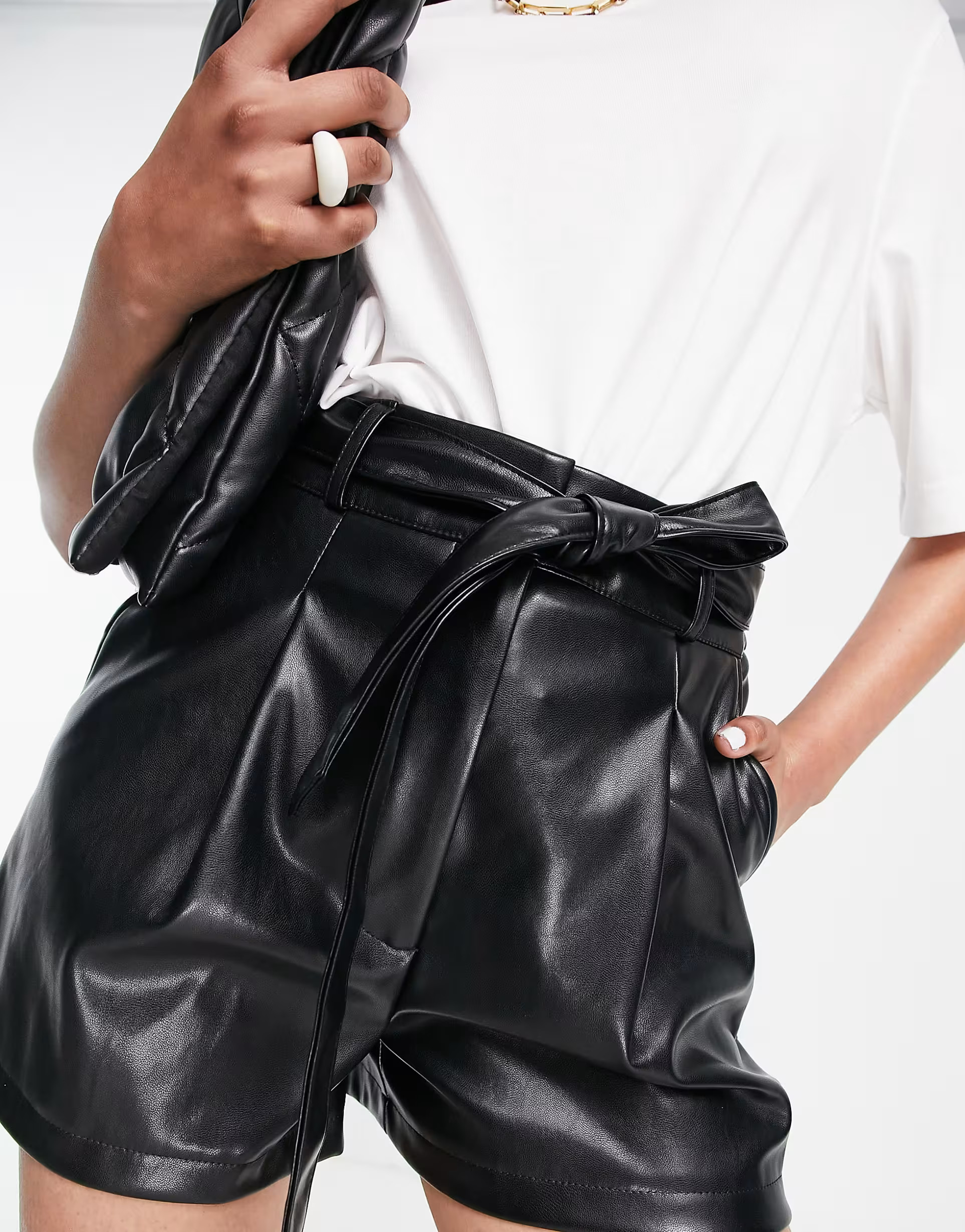 ASOS DESIGN leather look paperbag waist short in black | ASOS (Global)