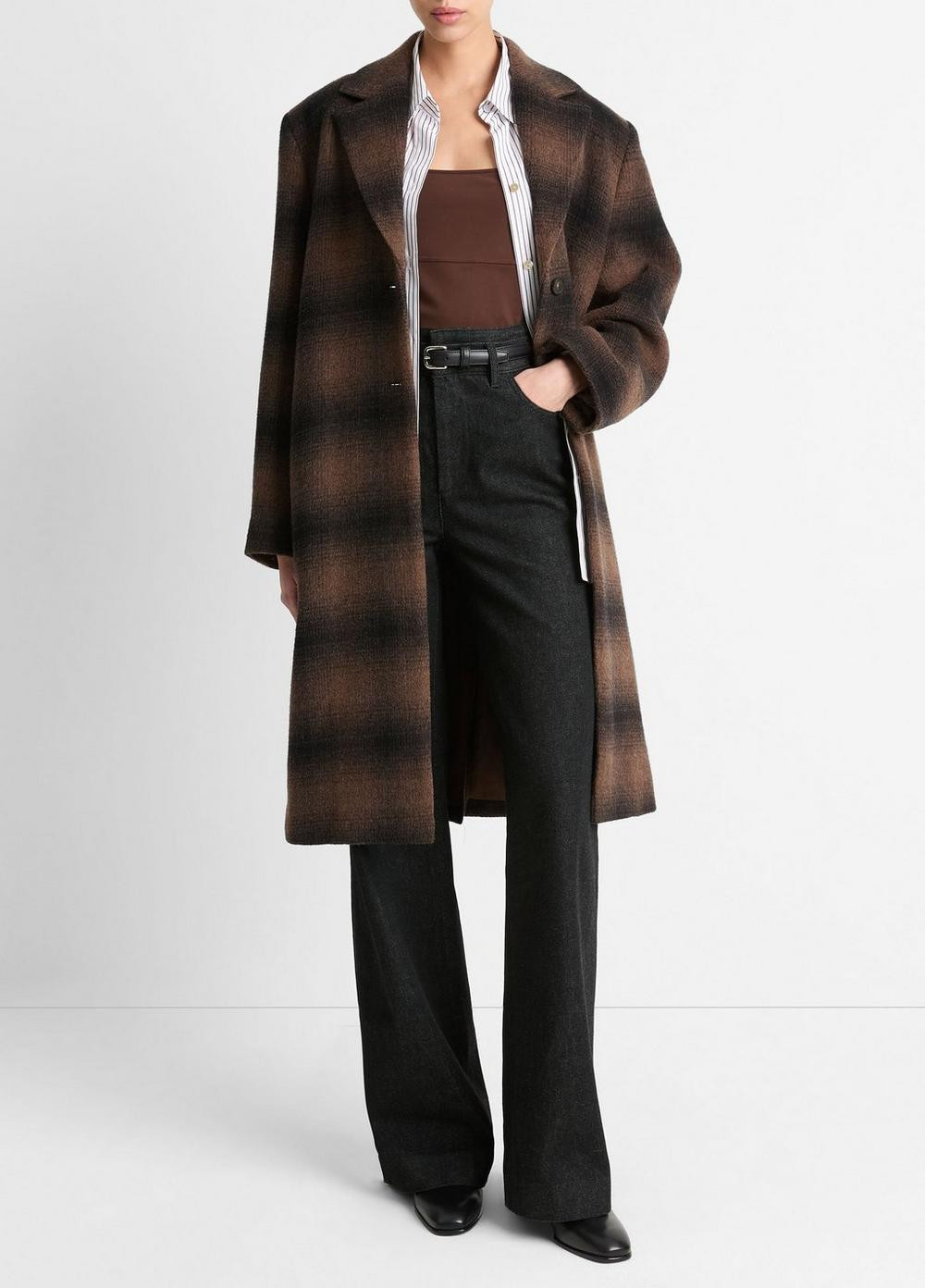 Women's Shadow Plaid Italian Wool-Blend Car Coat, Deep Walnut, Size S Vince | Vince LLC