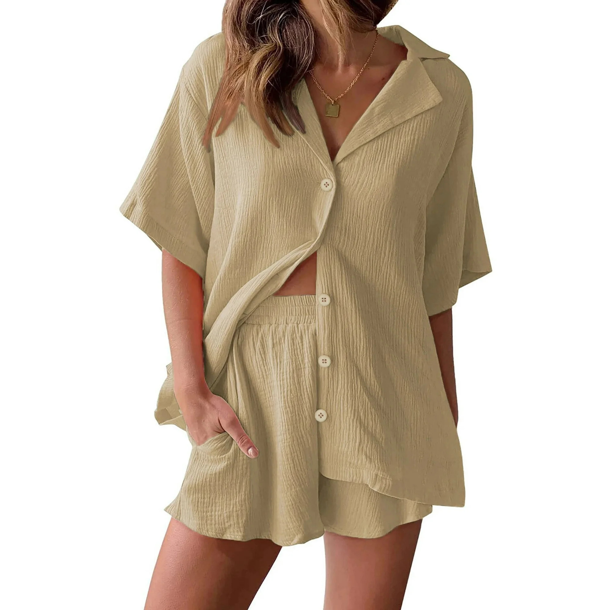 Fantaslook 2 Piece Lounge sets for women Button Down Shirts and Shorts Casual Set Short Sleeve Su... | Walmart (US)