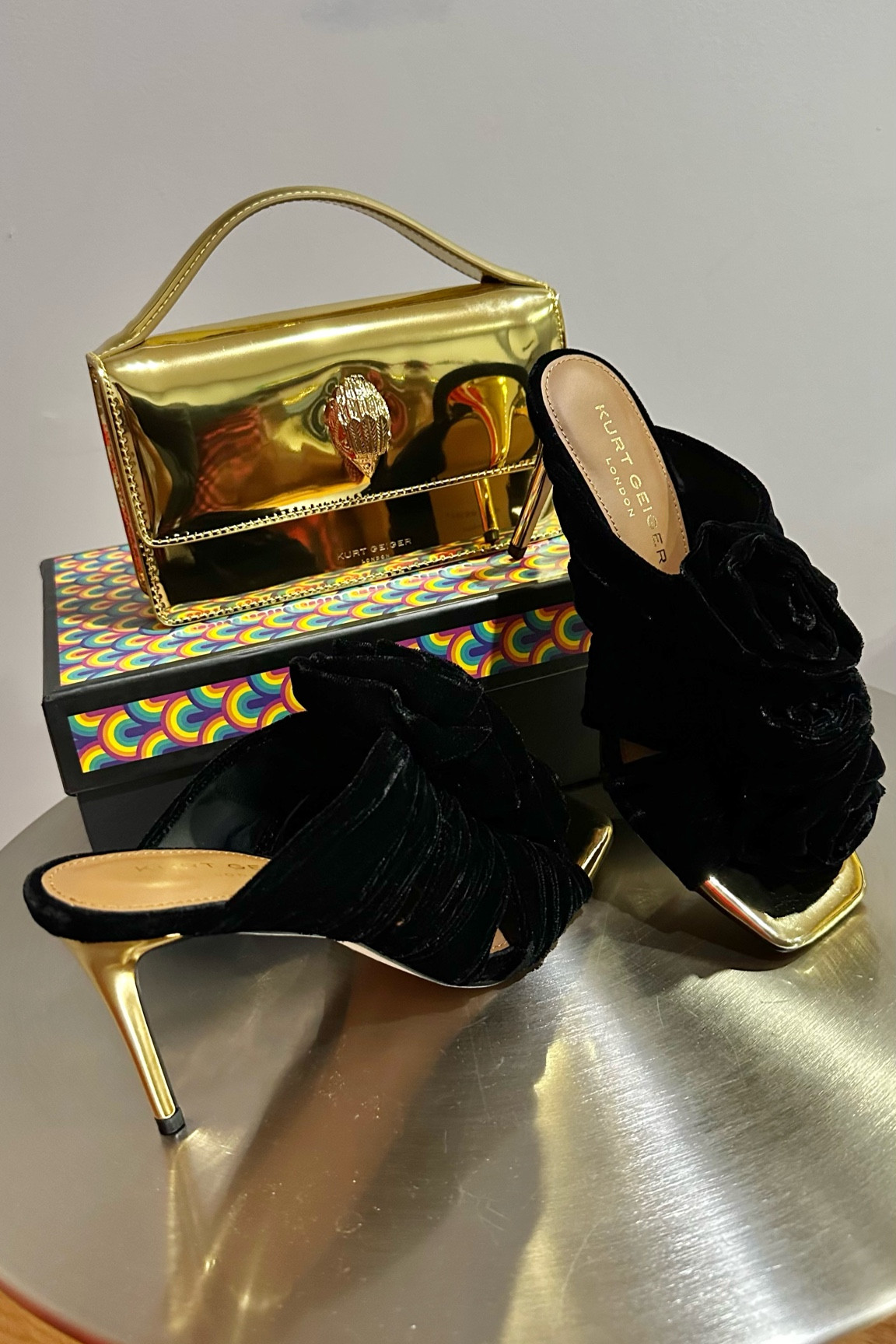 Kurt Geiger Top Handle Bag
Black and Gold mules 
Holiday Party Ready 

#LTKParties #LTKHoliday #LTKGiftGuide