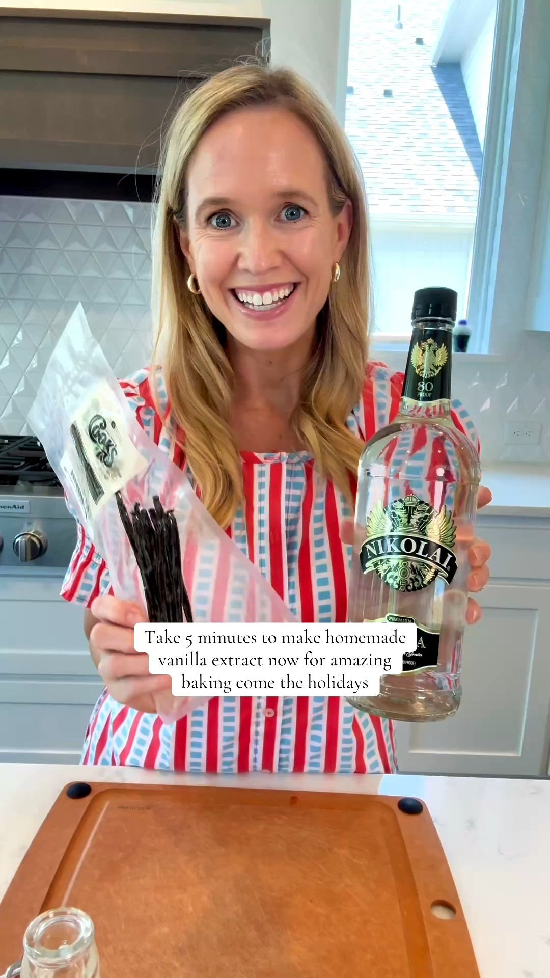 Slice eight vanilla beans, lengthwise, leave the ends attached. Add to glass bottle. Add 8 ounces of vodka, making sure the vanilla beans are fully covered. Store in a dark place. Shake once weekly. Allow to set for ideally 4 to 6 months to create vanilla extract. ￼

#LTKdayinmylife #LTKSeasonal #LTKHome