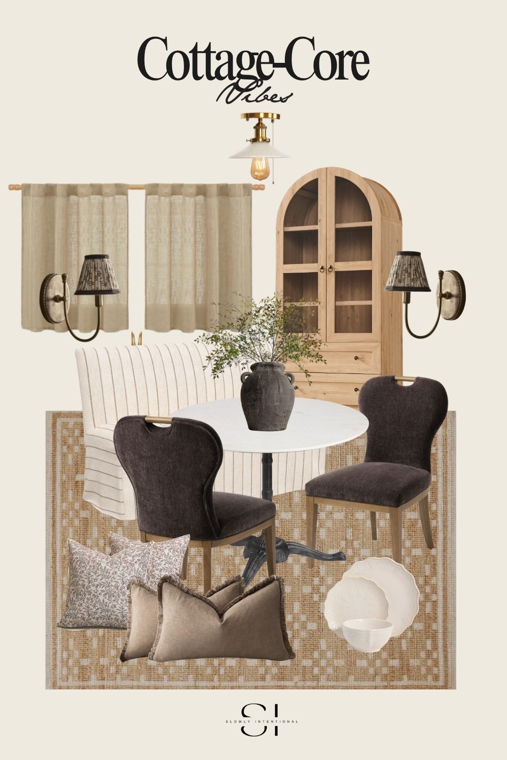 Embrace a cozy cottagecore vibe with this warm and inviting dining nook design. A marble-top pedestal table anchors the space, surrounded by a striped banquette and rich chocolate velvet chairs for that perfect mix of comfort and charm. The arched display cabinet and antique-style sconces add a touch of old-world romance, while linen café curtains soften the window view. Layer in patterned pillows, earthy tones, and scalloped dinnerware to complete the look. It’s a space made for slow mornings, meaningful meals, and effortless gatherings.

cottagecore dining | cozy cottagecore style | cottagecore banquette nook | vintage dining room decor | warm earthy dining | marble pedestal table | arched cabinet | linen cafe curtains | traditional sconce lighting | neutral home inspiration | cozy layered textures | cottagecore interior | small dining space ideas | slow living decor | cottagecore home aesthetic

#LTKHome