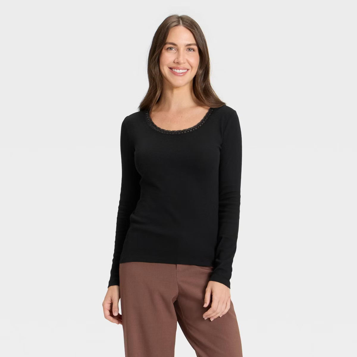 Women's Long Sleeve Lace Trim Scoop Neck Top - A New Day™ Black XS | Target