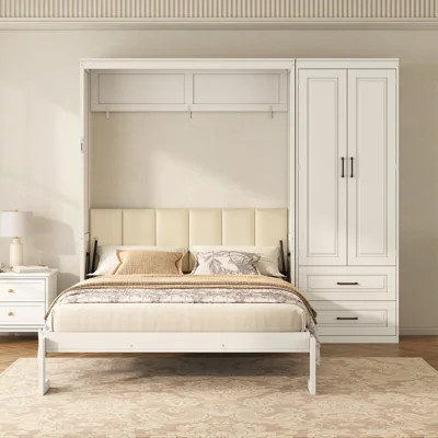 Queen Size Murphy Bed with Wardrobe and Drawers and Upholstered Headboard | Wayfair North America