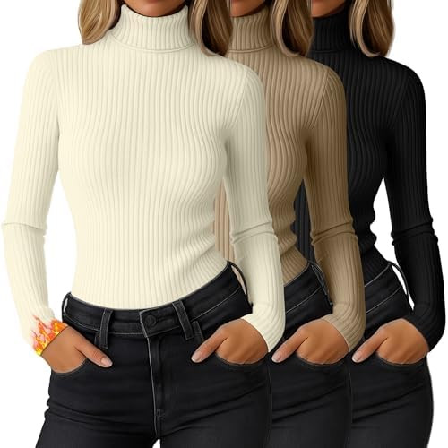 Ficerd 3 Pack Women's Ribbed Thermal Turtleneck Tops Long Sleeve Stretch Shirts Knitted Fitted Li... | Amazon (US)
