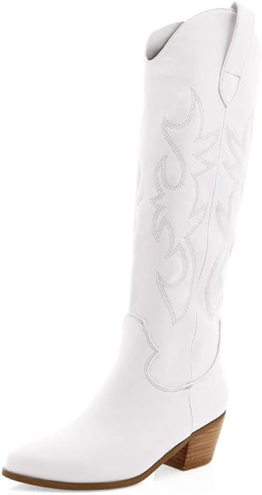 VIMISAOI Cowboy Boots for Women, Fashion Retro Pointed Toe Pull On Wide Calf Long Tall Block Chun... | Amazon (US)