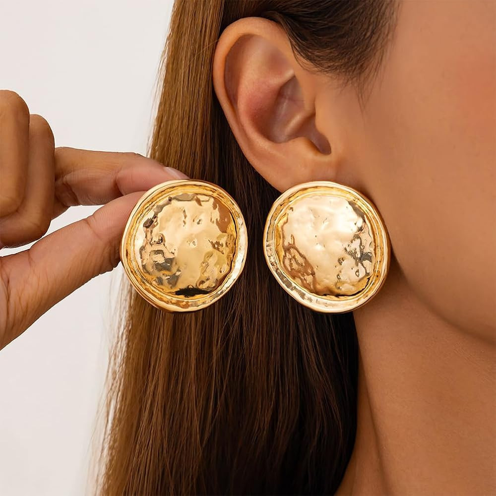 Large Hammered Round Statement Earrings for Women Exaggerated Big Geometric Hammer Dangle Earring Vintage Chunky Dangly Prom Holiday Hanging Jewelry | Amazon (US)