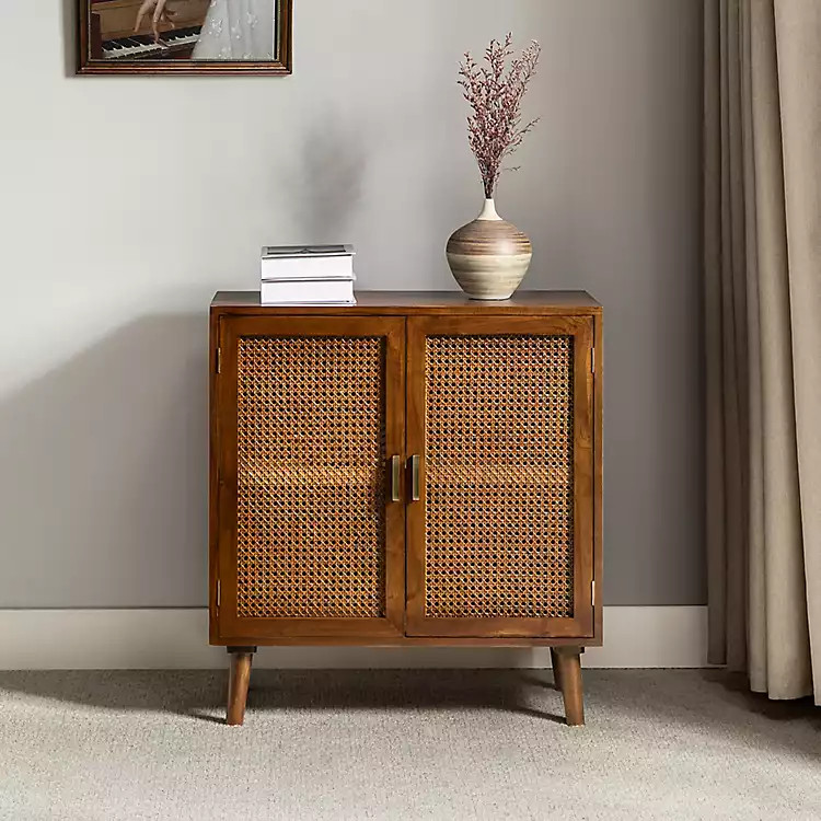 Cherry Wood Frame Rattan Front Cabinet | Kirkland's Home