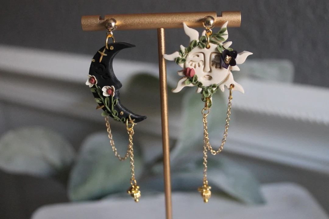 Mystical Dark Forest Moon and Sun Earrings, Dark Cottage Core Witch Collection, Flowers Mushroom ... | Etsy (US)