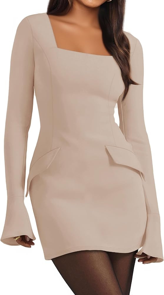 Simplee Womens Long Sleeve Mini Dresses Square Neck Casual Bodycon Party Club Formal Blazer Holid... | Amazon (US)