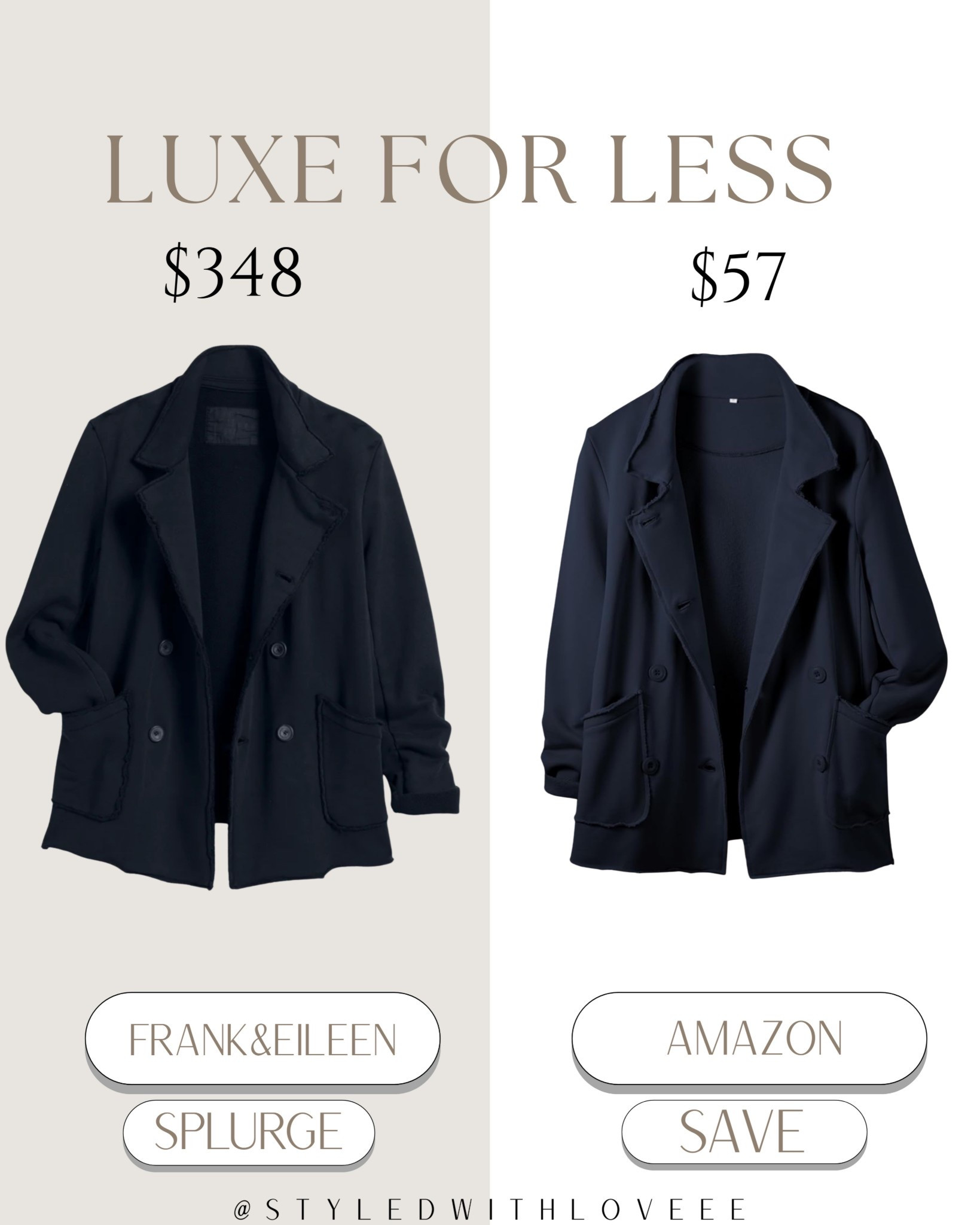 ✨ This Luxe for Less find is too good to gatekeep. ✨
A timeless blazer look for $348… or the same elevated vibe for just $57 👀🤍

Chic, polished, and perfect for winter layering.
Tap to shop the splurge or steal the look on my LTK. 

 #LTKHoliday #LTKootd #LTKSeasonal