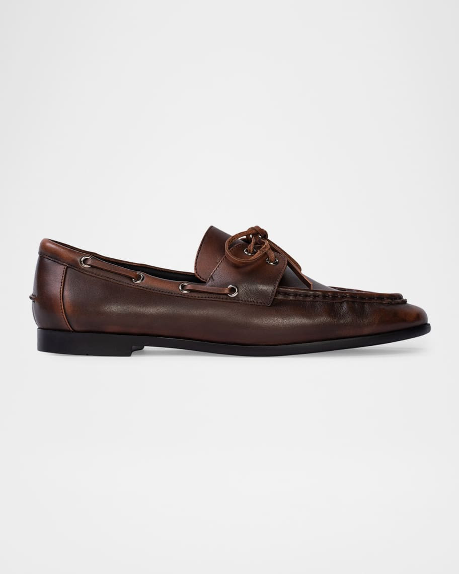 Black Suede Studio Leather Lace-Up Boat Loafers | Neiman Marcus