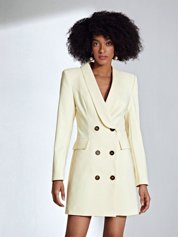 evoluSHEIN Shawl Collar Double Breasted Flap Detail Blazer Dress | SHEIN