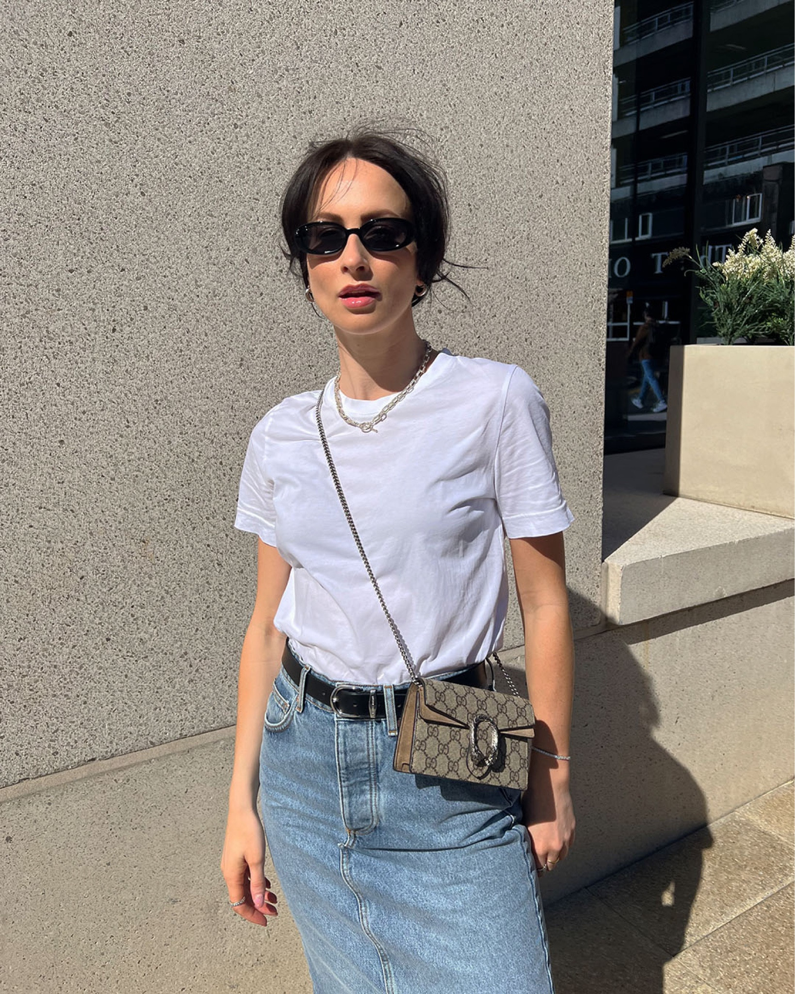 denim maxi-skirt by Raey 
basic white tee by arket 
belt by Isabel marant 
bag by gucci 
socks by arket 
claw clip by arket 
adidas sambas by adidas 
sunglasses by Le specs 
leather jacket by ducie alternative linked by all saints 
silver hoops by carat London alternative linked by missoma 

#LTKeurope #LTKstyletip #LTKSeasonal