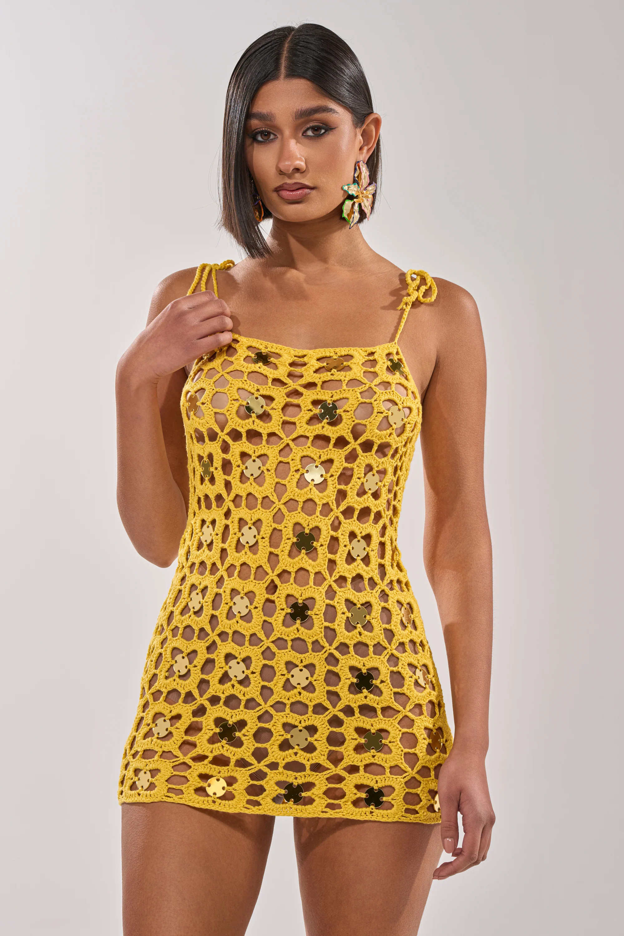 GLOW UP SEQUIN CROCHET MINI DRESS | AKIRA